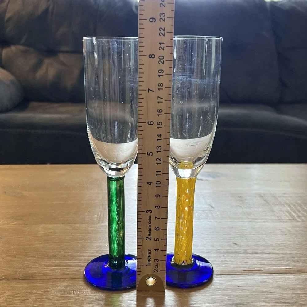Set of 2 Dansk Colorful Art Glass Champagne Flutes Cobalt Blue Stemware Goblets